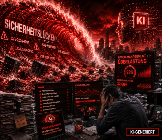 KI-generiertes Bild: Symbolische Darstellung der Schwachstellen-Flut und des Patch-Managements in der IT-Sicherheit 2026